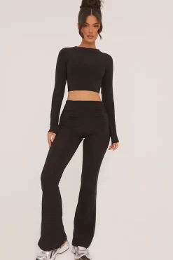 Rebellious Fashion Black Round Neck Cropped Top & Wide Leg Trousers Co-ord Set - Zoe
