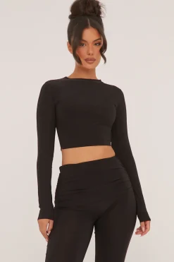 Rebellious Fashion Black Round Neck Cropped Top & Wide Leg Trousers Co-ord Set - Zoe