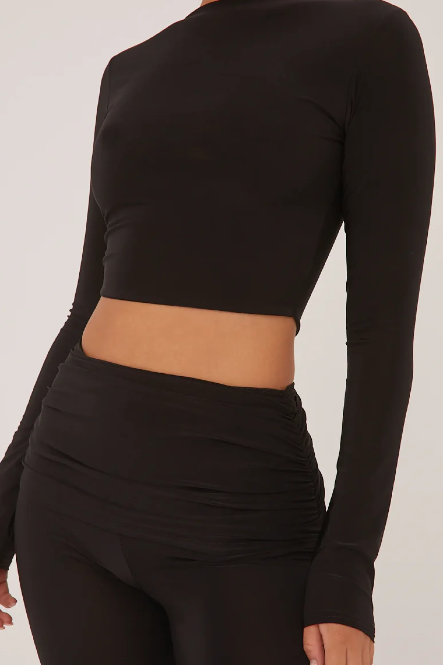 Rebellious Fashion Black Round Neck Cropped Top & Wide Leg Trousers Co-ord Set - Zoe