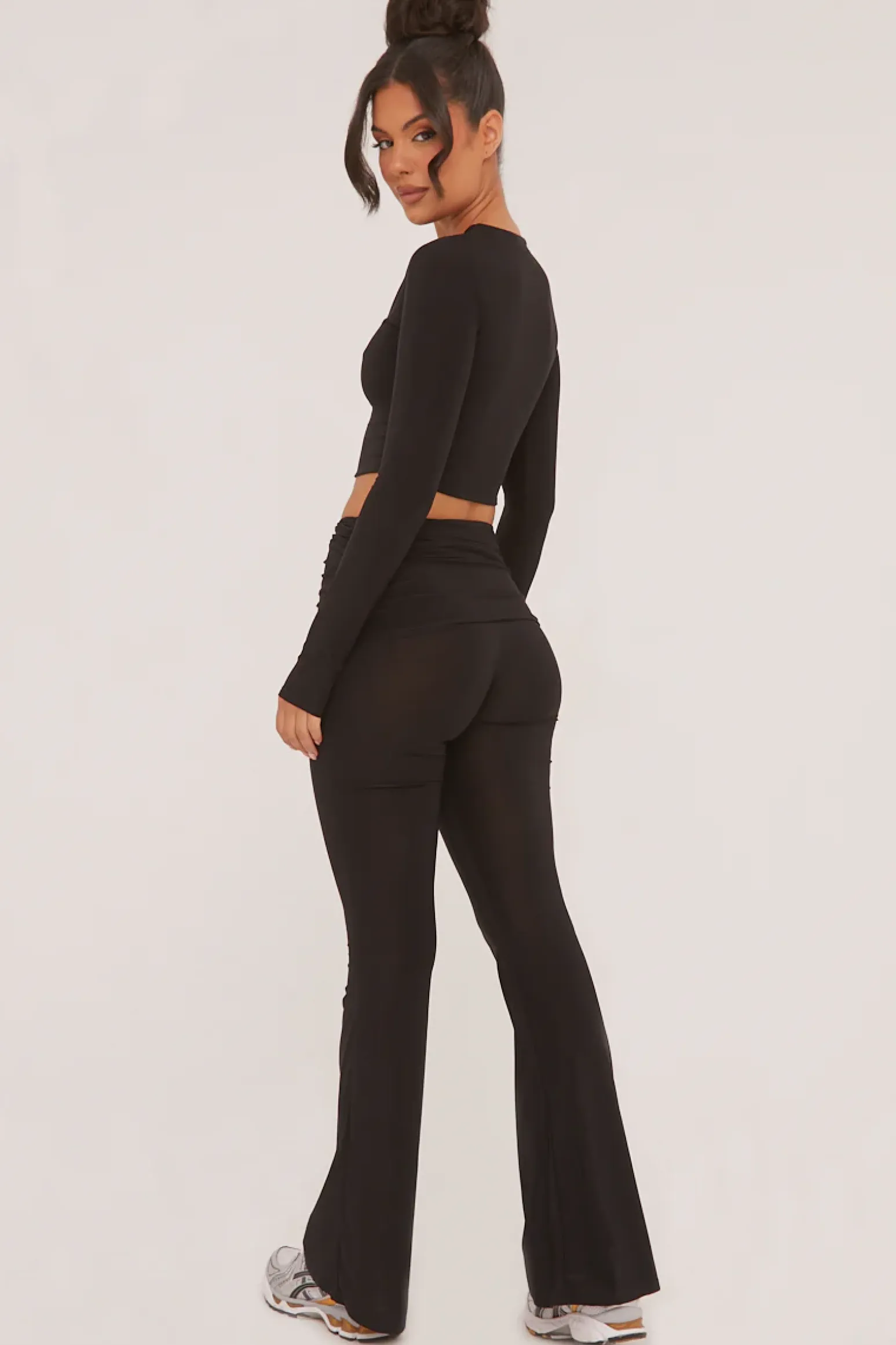 Rebellious Fashion Black Round Neck Cropped Top & Wide Leg Trousers Co-ord Set - Zoe