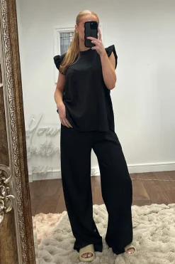 Rebellious Fashion Black Round Neck Frill Sleeve Top & Straight Leg Trousers Co-ord Set - Ruby