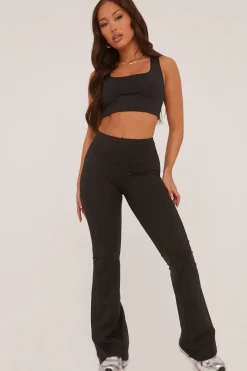 Rebellious Fashion Black Ruched Back Flared Leg Trousers - Hazel