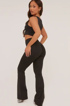 Rebellious Fashion Black Ruched Back Flared Leg Trousers - Hazel
