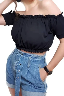 Rebellious Fashion Black Ruched Bardot Gypsy Crop Top - Janette