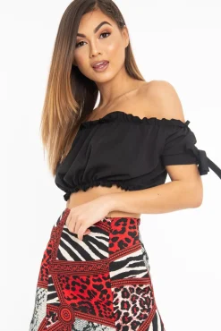 Rebellious Fashion Black Ruched Bardot Gypsy Crop Top - Janette