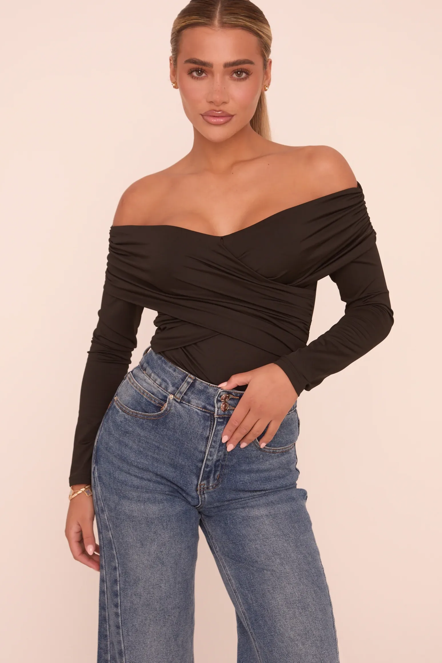 Rebellious Fashion Black Ruched Bardot Long Sleeves Bodysuit - Ines