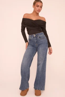 Rebellious Fashion Black Ruched Bardot Long Sleeves Bodysuit - Ines