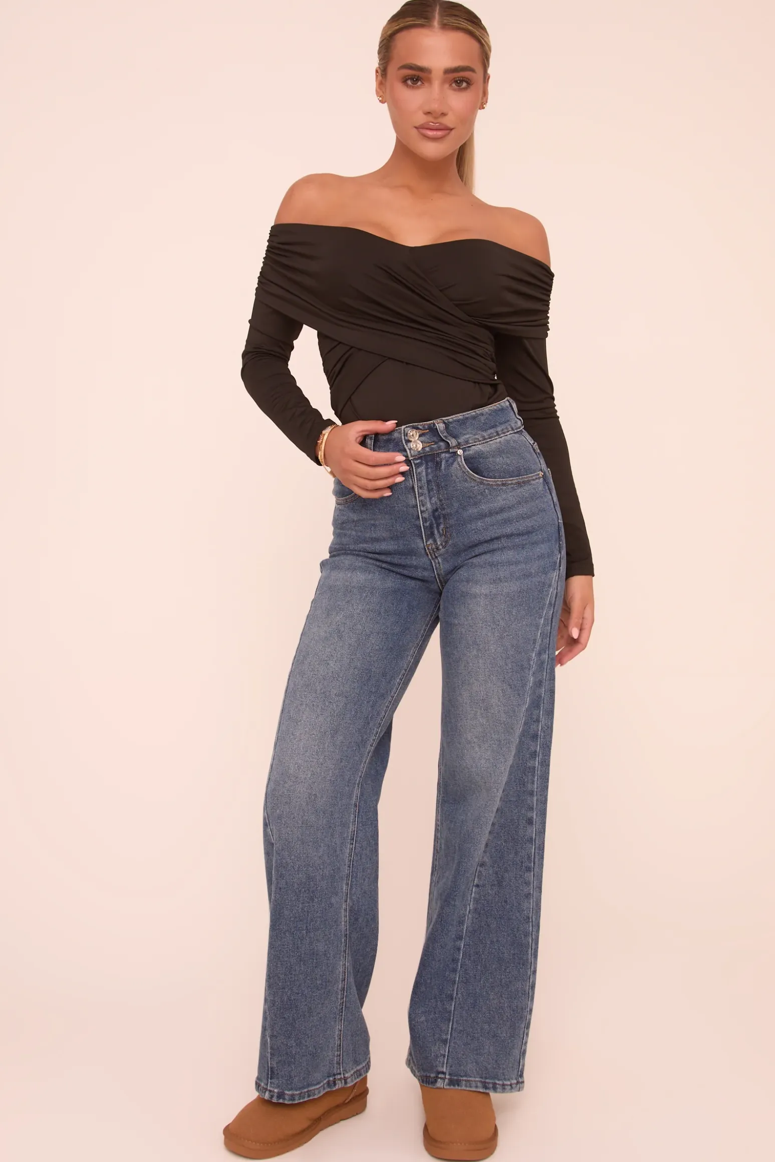 Rebellious Fashion Black Ruched Bardot Long Sleeves Bodysuit - Ines
