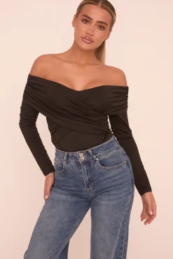 Rebellious Fashion Black Ruched Bardot Long Sleeves Bodysuit - Ines
