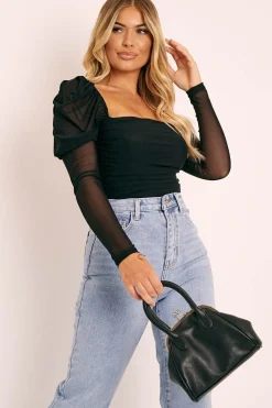 Rebellious Fashion Black Ruched Body Mesh Sleeve Bodysuit - Raeya
