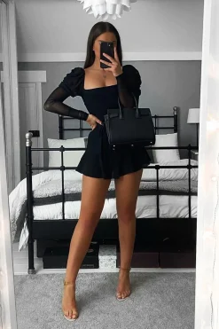Rebellious Fashion Black Ruched Body Mesh Sleeve Bodysuit - Raeya