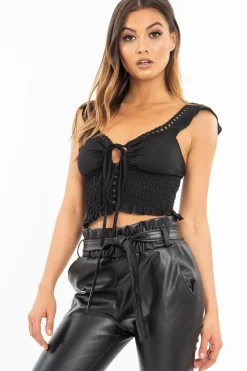 Rebellious Fashion Black Ruched Button Tie Up Padded Bra Crop Top - Aden
