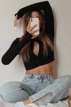 Rebellious Fashion Black Ruched Centre Front Fastening Crop Top - Cambrea