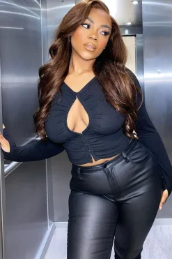 Rebellious Fashion Black Ruched Centre Front Fastening Crop Top - Cambrea