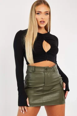 Rebellious Fashion Black Ruched Centre Front Fastening Crop Top - Cambrea