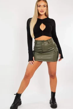 Rebellious Fashion Black Ruched Centre Front Fastening Crop Top - Cambrea