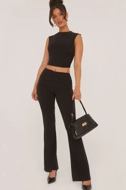 Rebellious Fashion Black Ruched Cropped Top & Trousers Co-ord Set - Edie