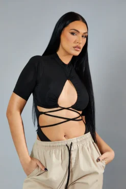 Rebellious Fashion Black Ruched Cutout High Neck Bodysuit - Lakin
