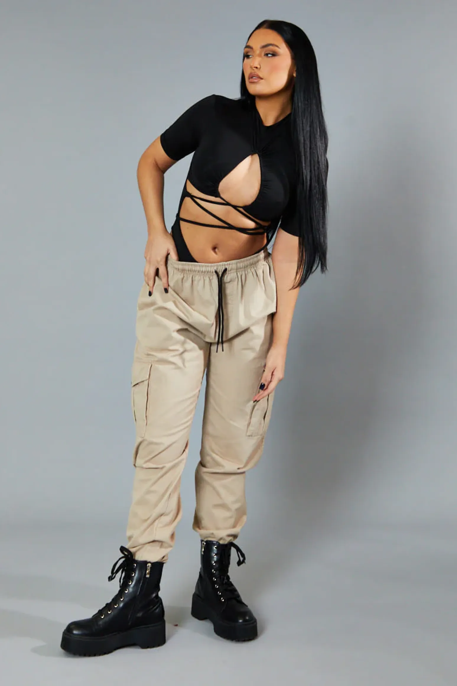 Rebellious Fashion Black Ruched Cutout High Neck Bodysuit - Lakin