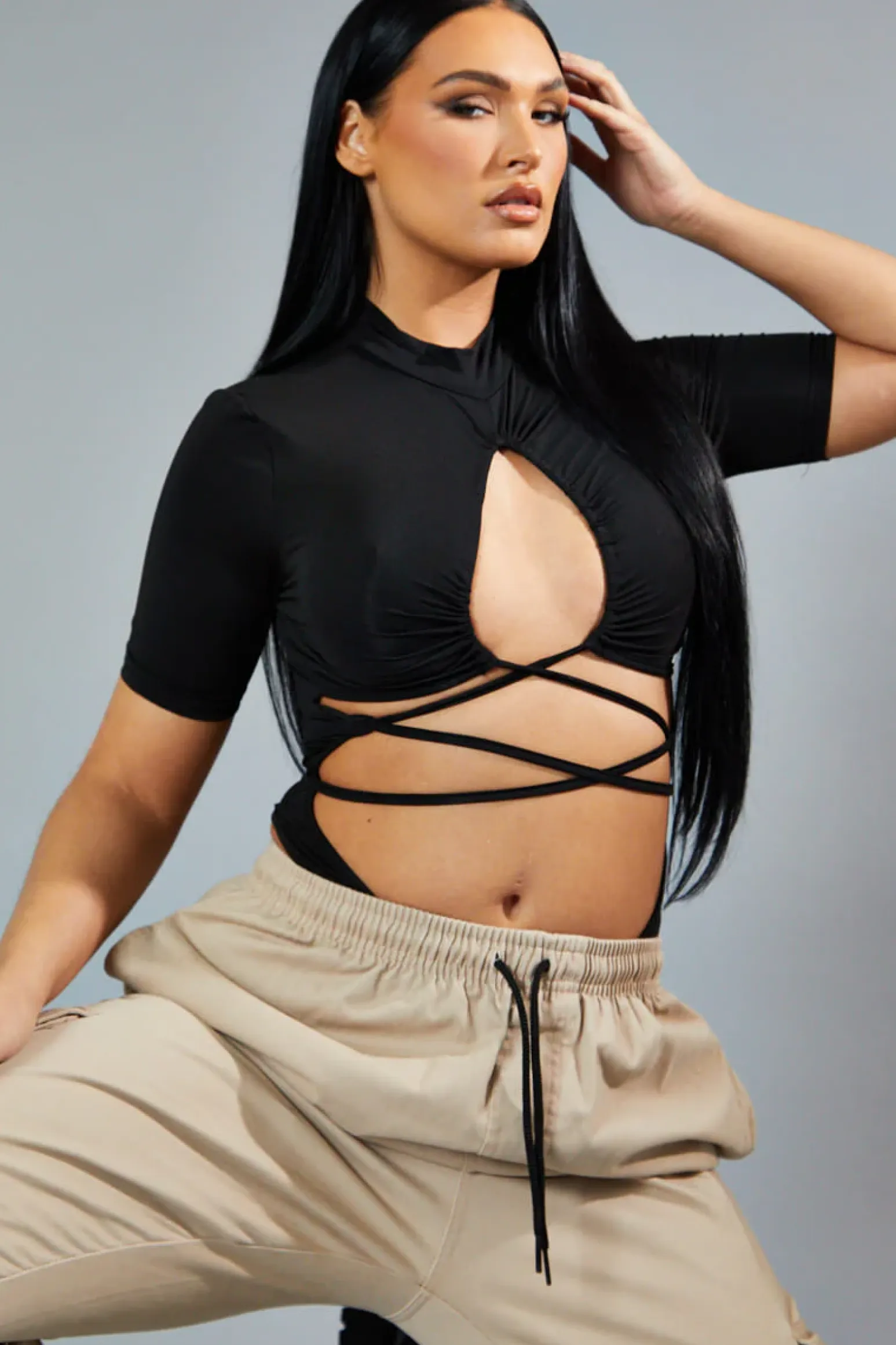 Rebellious Fashion Black Ruched Cutout High Neck Bodysuit - Lakin