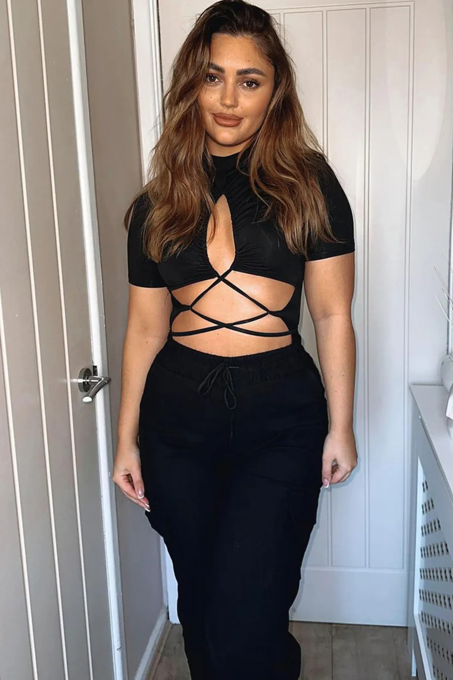 Rebellious Fashion Black Ruched Cutout High Neck Bodysuit - Lakin