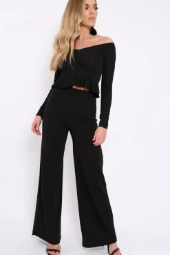 Rebellious Fashion Black Ruched Front Ribbed Crop Top with Frill Hem - Samantha