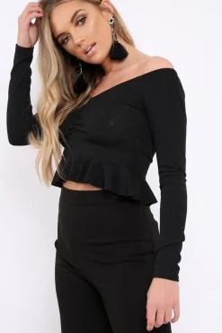Rebellious Fashion Black Ruched Front Ribbed Crop Top with Frill Hem - Samantha
