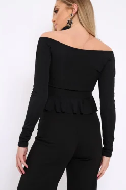 Rebellious Fashion Black Ruched Front Ribbed Crop Top with Frill Hem - Samantha