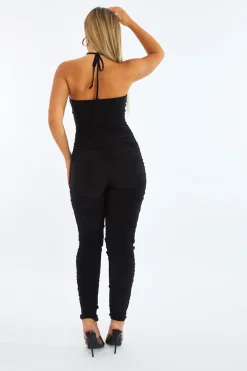 Rebellious Fashion Black Ruched Lace Up Front Jumpsuit - Lena