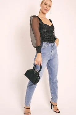 Rebellious Fashion Black Ruched Metallic Puff Sleeve Bodysuit - Elvie