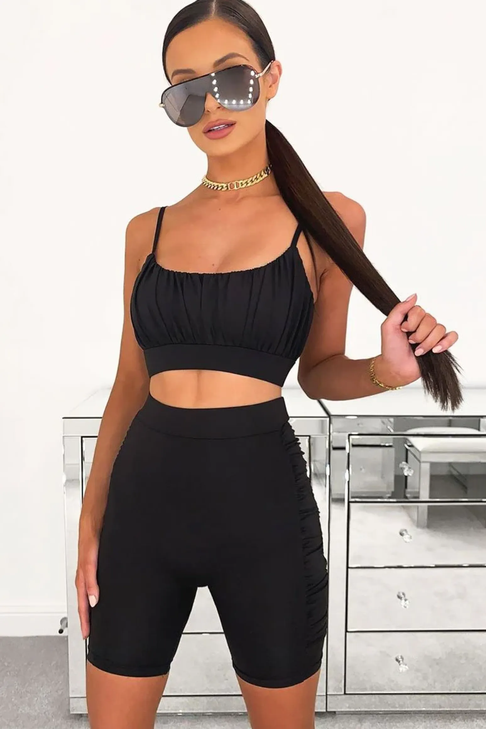 Rebellious Fashion Black Ruched Panel Crop Top + Cycling Shorts Co-ord - Zariah