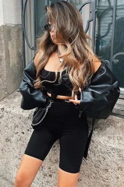 Rebellious Fashion Black Ruched Panel Crop Top + Cycling Shorts Co-ord - Zariah