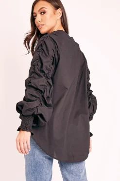 Rebellious Fashion Black Ruched Sleeve Collarless Shirt - Sarah