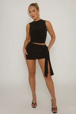 Rebellious Fashion Black Ruched Sleeveless Cropped Top & Mini Skirt Co-ord Set - Hallie