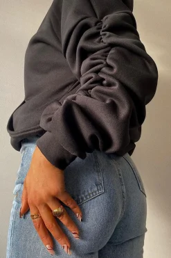 Rebellious Fashion Black Ruched Sleeve Oversized Hoodie - Dezi