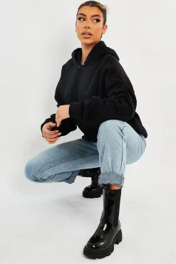 Rebellious Fashion Black Ruched Sleeve Oversized Hoodie - Dezi