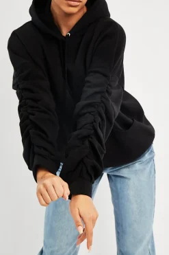 Rebellious Fashion Black Ruched Sleeve Oversized Hoodie - Dezi