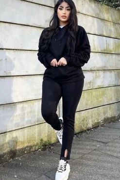Rebellious Fashion Black Ruched Sleeve Oversized Hoodie - Dezi