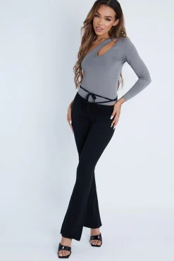 Rebellious Fashion Black Ruched Waist Flare Trousers - Avanni