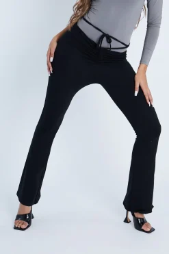 Rebellious Fashion Black Ruched Waist Flare Trousers - Avanni