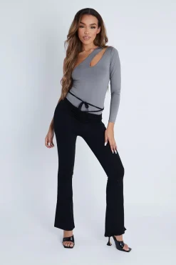 Rebellious Fashion Black Ruched Waist Flare Trousers - Avanni