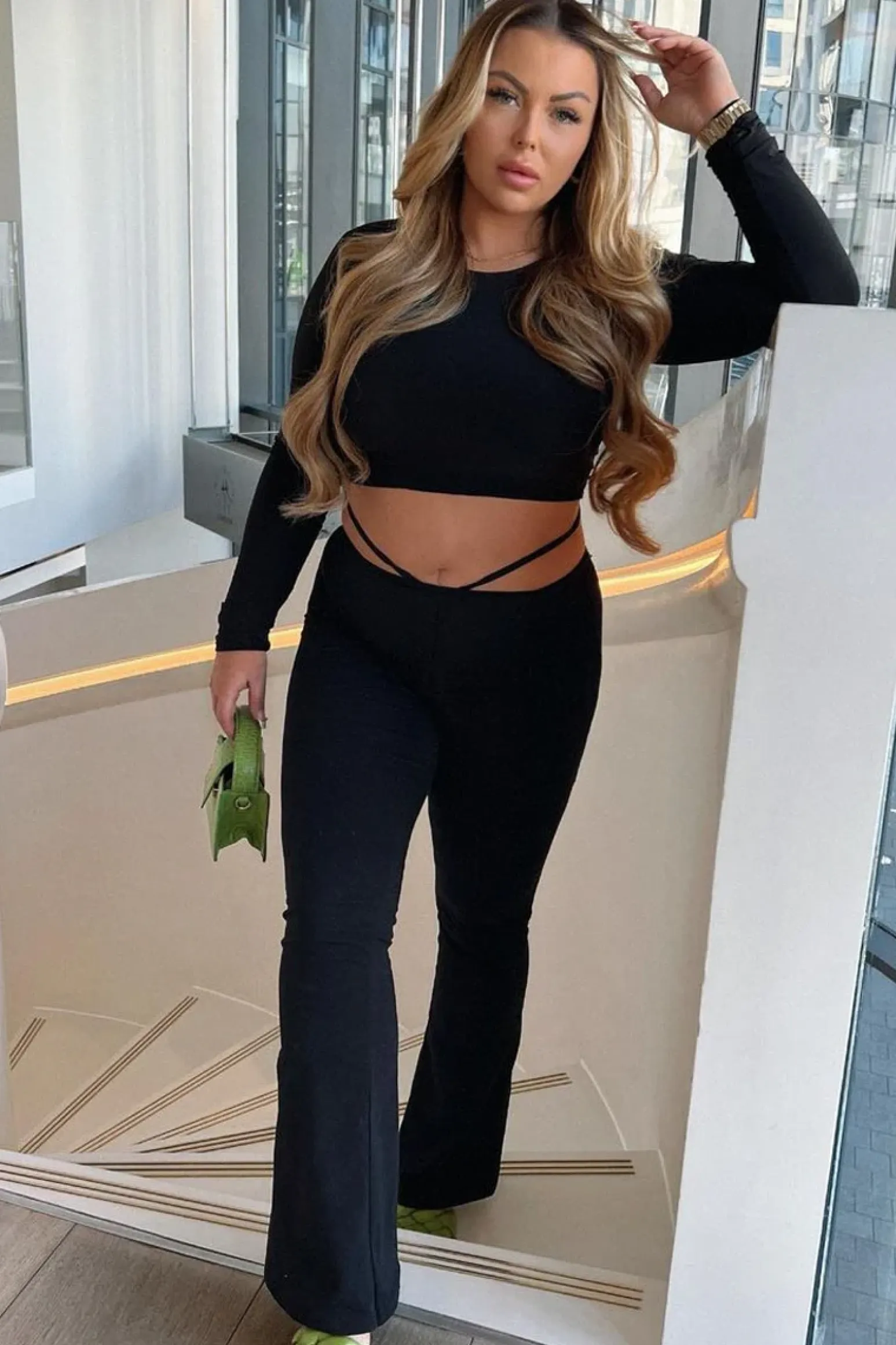 Rebellious Fashion Black Ruched Waist Flare Trousers - Avanni