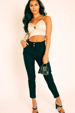 Rebellious Fashion Black Ruched Waist Tapered Leg Trousers - Lovina