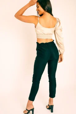 Rebellious Fashion Black Ruched Waist Tapered Leg Trousers - Lovina
