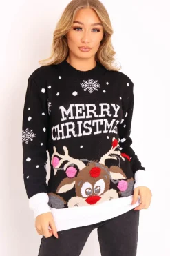 Rebellious Fashion Black Rudolph Merry Christmas Jumper - Kimmie