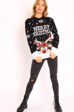 Rebellious Fashion Black Rudolph Merry Christmas Jumper - Kimmie