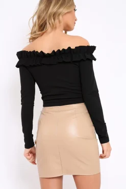 Rebellious Fashion Black Ruffle Bardot Crop Top - Milly