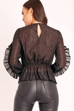 Rebellious Fashion Black Ruffle Belted Waist Metallic Finish Blouse - Betsey
