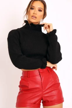 Rebellious Fashion Black Ruffle Hem Chunky Knit Crop Jumper - Alannah