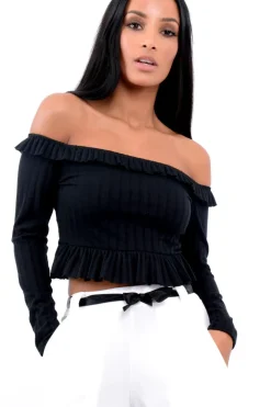 Rebellious Fashion Black Ruffle Hem Ribbed Bardot Crop Top - Kaitlyn
